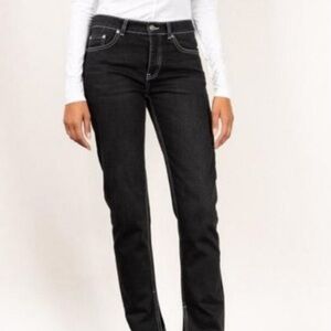 GANNI Denim Slit Pants Jeans Straight Leg Black Wash Raw Hem Size 25 B